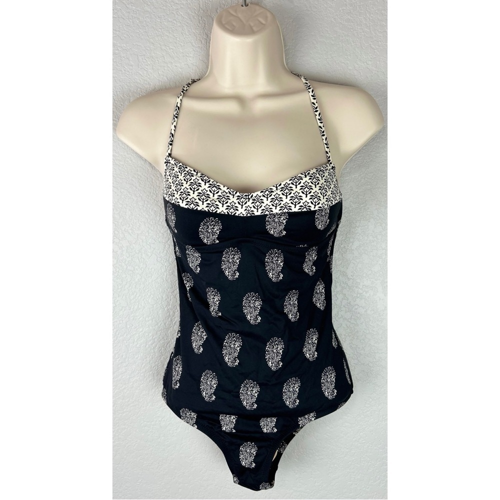Madewell Black One Piece Swimsuit with White Pasley Print, size 2